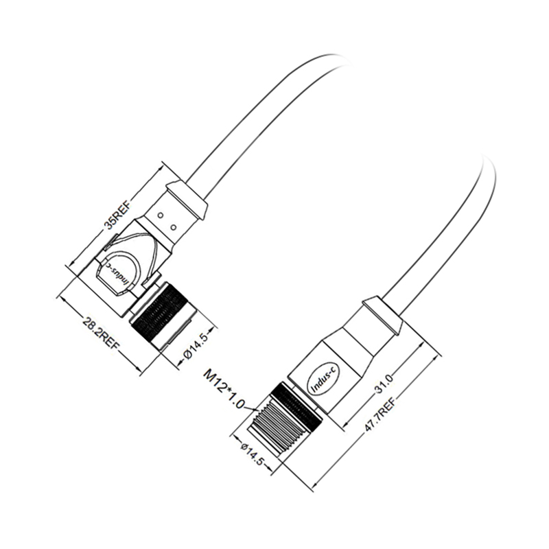 M12 5pins A code male straight to female right angle molded cable,shielded,PUR,-40°C~+105°C,22AWG 0.34mm²,brass with nickel plated screw